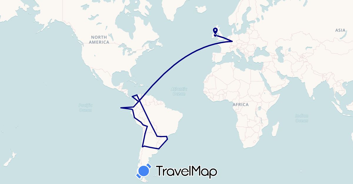 TravelMap itinerary: driving in Argentina, Bolivia, Brazil, Chile, Colombia, Germany, Ecuador, Ireland, Panama, Peru, Paraguay, Uruguay (Europe, North America, South America)